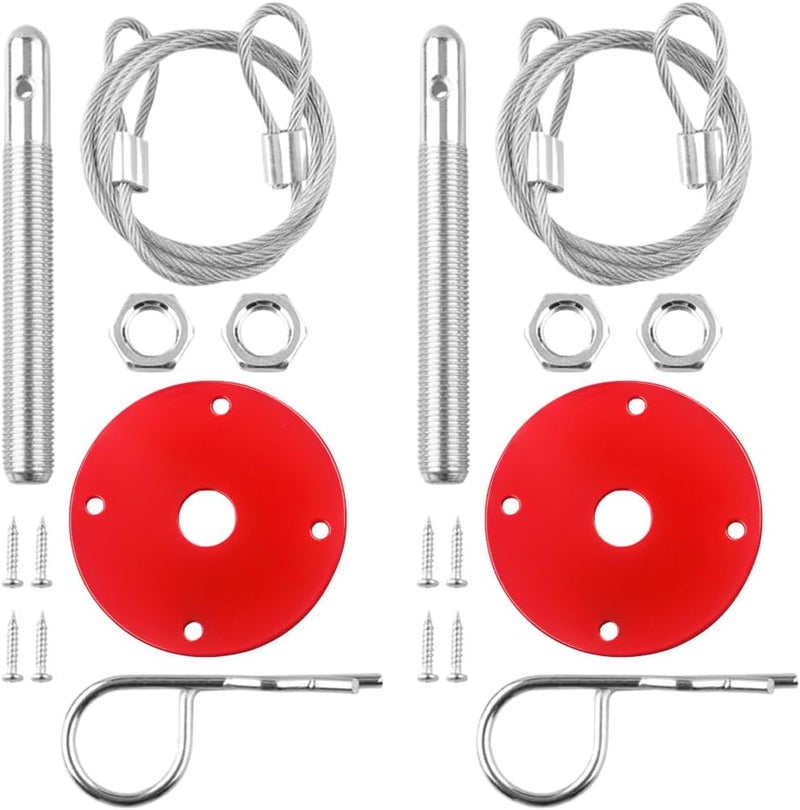 Sandfren Car Hood Pins Kit, Stainless Steel Vehicle Engine Pin Plate Bonnet Lock Clip, Modified Auto Racing Exterior Locking Latches Lanyard Rope Set for Reducing Shaking, Universal Fit (Red) - Image 1